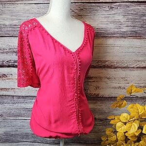 CASLON BRIGHT PINK BOXY SHORT SLEEVE PULLOVER ELASTIC BLOUSE TOP